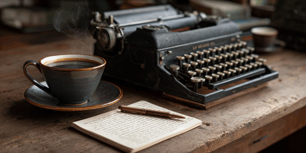 billus06 une machine crire une tasse de caf fumante et un bl 5659ec81 caaf 4908 8268 3a44158ea52b 0