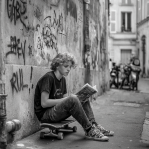 billus06 jeune ado assis sur un skate dans la rue pour lire u e8ae38e3 ef5f 4e42 b908 af44ef5910cc 2
